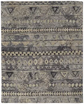 6' X 9' Taupe Gray and Tan Wool Geometric Hand Knotted Area Rug