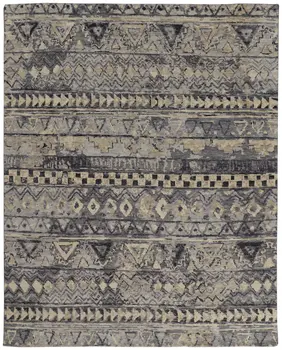 6' X 9' Taupe Gray and Tan Wool Geometric Hand Knotted Area Rug