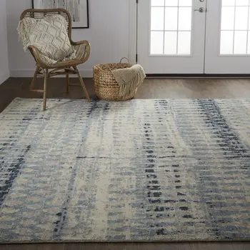 4' X 6' Gray Blue and Ivory Wool Abstract Hand Knotted Area Rug