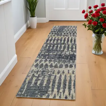 8' Blue Gray and Tan Wool Abstract Hand Knotted Runner Rug