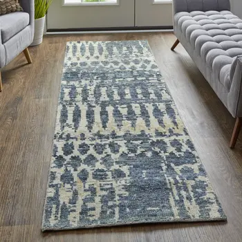 8' Blue Gray and Tan Wool Abstract Hand Knotted Runner Rug