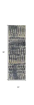 8' Blue Gray and Tan Wool Abstract Hand Knotted Runner Rug