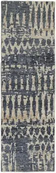 8' Blue Gray and Tan Wool Abstract Hand Knotted Runner Rug