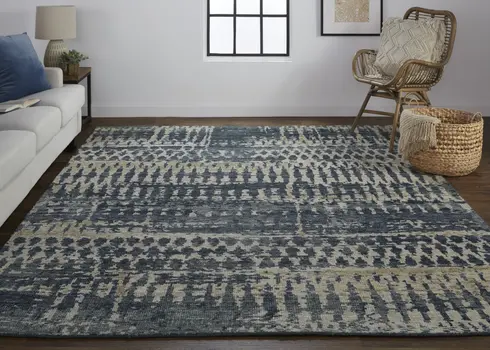 2' X 3' Blue Gray and Tan Wool Abstract Hand Knotted Area Rug