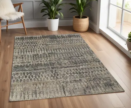 4' X 6' Gray Taupe and Ivory Wool Abstract Hand Knotted Area Rug