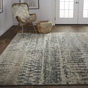 6' X 9' Gray Taupe and Ivory Wool Abstract Hand Knotted Area Rug