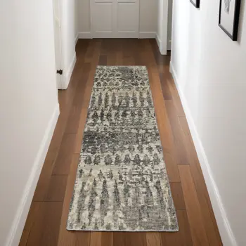 8' Gray Taupe and Ivory Wool Abstract Hand Knotted Runner Rug