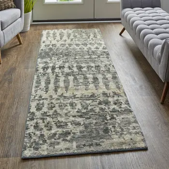 8' Gray Taupe and Ivory Wool Abstract Hand Knotted Runner Rug