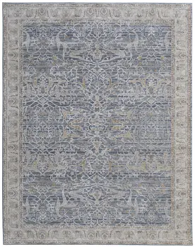 9' X 13' Taupe and Blue Ikat Power Loom Worn Faded Area Rug With Fringe