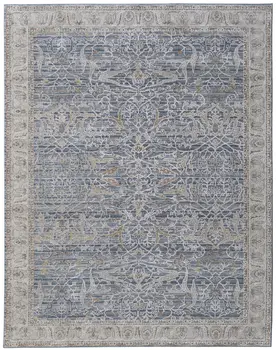 2' X 3' Taupe and Blue Ikat Power Loom Worn Faded Area Rug With Fringe