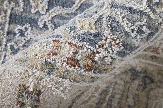 2' X 3' Taupe and Blue Ikat Power Loom Worn Faded Area Rug With Fringe