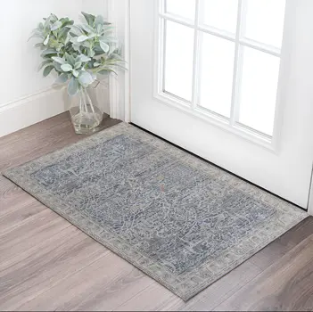 2' X 3' Taupe and Blue Ikat Power Loom Worn Faded Area Rug With Fringe