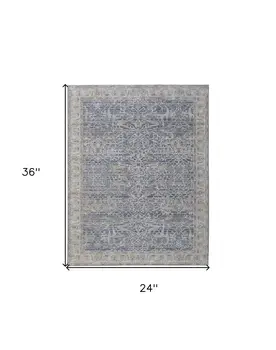 2' X 3' Taupe and Blue Ikat Power Loom Worn Faded Area Rug With Fringe