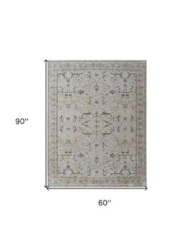 5' X 8' Gray Blue and Red Ikat Power Loom Worn Faded Area Rug With Fringe