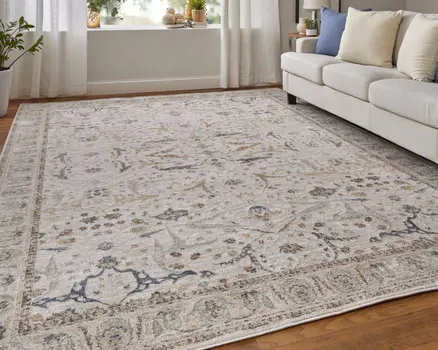 2' X 3' Gray Blue and Red Ikat Power Loom Worn Faded Area Rug With Fringe