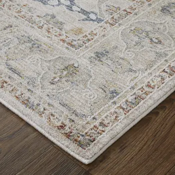 2' X 3' Gray Blue and Red Ikat Power Loom Worn Faded Area Rug With Fringe