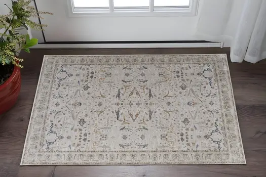 2' X 3' Gray Blue and Red Ikat Power Loom Worn Faded Area Rug With Fringe