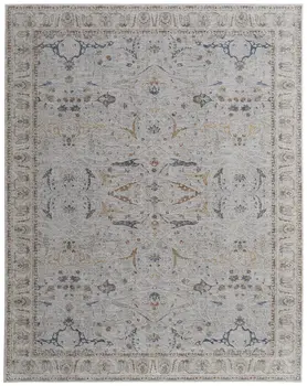 8' X 10' Gray Blue and Red Ikat Power Loom Worn Faded Area Rug With Fringe