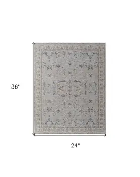 2' X 3' Ivory Taupe and Blue Ikat Power Loom Worn Faded Area Rug With Fringe