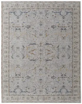 2' X 3' Ivory Taupe and Blue Ikat Power Loom Worn Faded Area Rug With Fringe