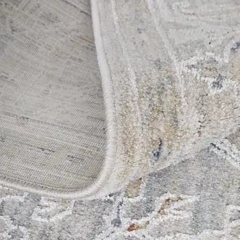 7' X 10' Ivory Taupe and Blue Oriental Power Loom Worn Faded Area Rug With Fringe