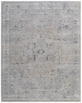 9' X 13' Ivory Taupe and Blue Oriental Power Loom Worn Faded Area Rug With Fringe