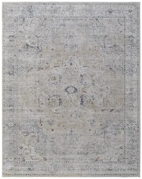 9' X 13' Ivory Taupe and Blue Oriental Power Loom Worn Faded Area Rug With Fringe
