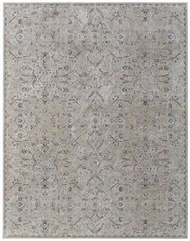 5' X 8' Ivory Taupe and Blue Abstract Power Loom Worn Faded Area Rug With Fringe