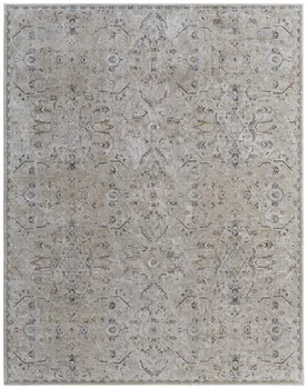5' X 8' Ivory Taupe and Blue Abstract Power Loom Worn Faded Area Rug With Fringe