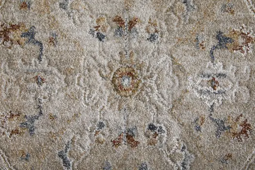 5' X 8' Ivory Taupe and Blue Abstract Power Loom Worn Faded Area Rug With Fringe