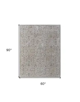 5' X 8' Ivory Taupe and Blue Abstract Power Loom Worn Faded Area Rug With Fringe