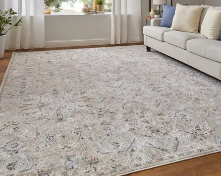 2' X 3' Ivory Taupe and Blue Abstract Power Loom Worn Faded Area Rug With Fringe