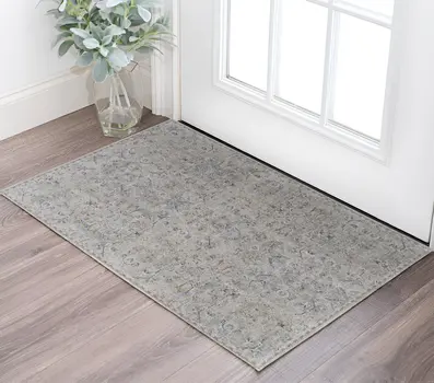 2' X 3' Ivory Tan and Blue Abstract Power Loom Worn Faded Area Rug With Fringe