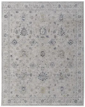 7' X 10' Ivory Taupe and Blue Floral Power Loom Worn Faded Area Rug With Fringe