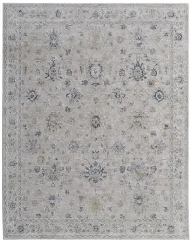 7' X 10' Ivory Taupe and Blue Floral Power Loom Worn Faded Area Rug With Fringe