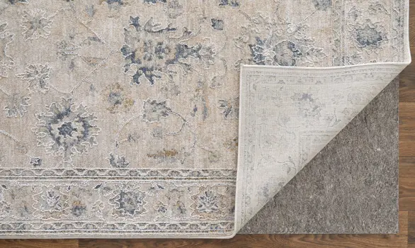 7' X 10' Ivory Taupe and Blue Floral Power Loom Worn Faded Area Rug With Fringe