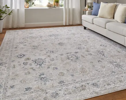2' X 3' Ivory Taupe and Blue Floral Power Loom Worn Faded Area Rug With Fringe