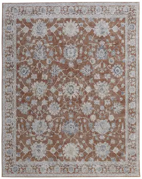 7' X 10' Red Blue and Ivory Floral Power Loom Worn Faded Area Rug With Fringe