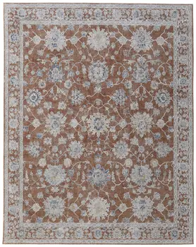 7' X 10' Red Blue and Ivory Floral Power Loom Worn Faded Area Rug With Fringe