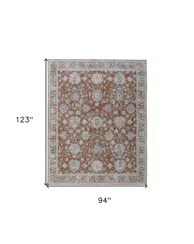 8' X 10' Red Blue and Ivory Floral Power Loom Worn Faded Area Rug With Fringe