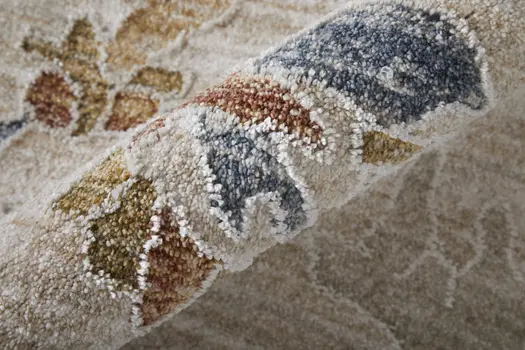7' X 10' Ivory Blue and Gold Floral Power Loom Worn Faded Area Rug With Fringe