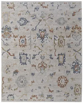 8' X 10' Ivory Blue and Gold Floral Power Loom Worn Faded Area Rug With Fringe