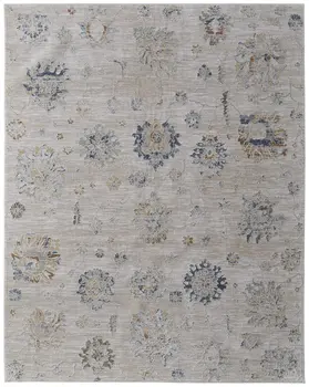 5' X 8' Ivory Taupe and Blue Floral Power Loom Worn Faded Area Rug With Fringe