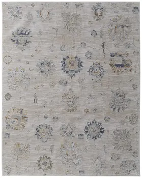 8' X 10' Ivory Taupe and Blue Floral Power Loom Worn Faded Area Rug With Fringe