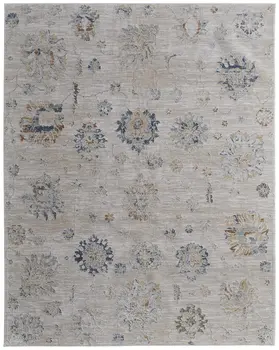 8' X 10' Ivory Taupe and Blue Floral Power Loom Worn Faded Area Rug With Fringe