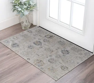 2' X 3' Ivory Taupe and Blue Floral Power Loom Worn Faded Area Rug With Fringe