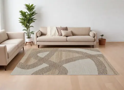 8' X 10' Brown Tan and Ivory Wool Abstract Hand Tufted Area Rug