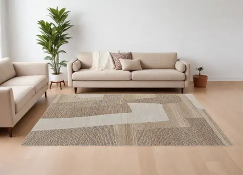 9' X 12' Brown Tan and Ivory Wool Abstract Hand Tufted Area Rug