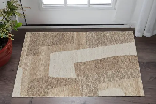 2' X 3' Brown Tan and Ivory Wool Abstract Hand Tufted Area Rug