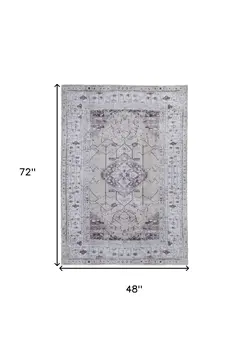 4' X 6' Gray Tan and Ivory Oriental Power Loom Worn Faded Washable Area Rug